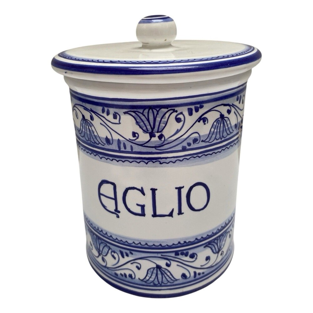 Italian Pottery Ceramic Garlic Keeper Lidded Cannister Jar BLUE & WHITE Italy